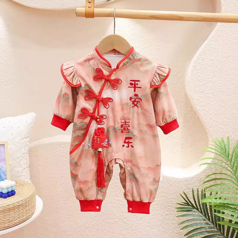 DZ宝宝洋气连体衣婴儿满月秋季周岁礼服网红哈衣中国风外出衣爬服