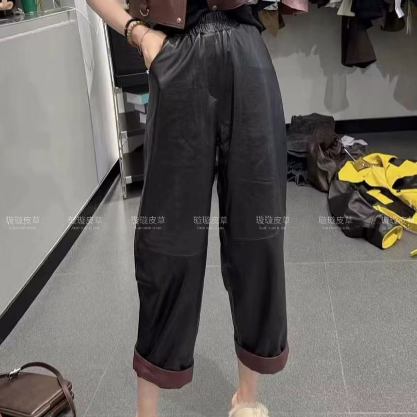 海宁新款真皮九分裤女拼色松紧腰休闲绵羊皮裤洋气百搭减龄皮裤潮