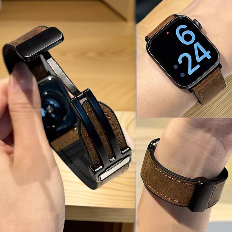 适用苹果手表带S11/10/SE/ultra表带新款疯马纹真皮磁吸扣秋冬