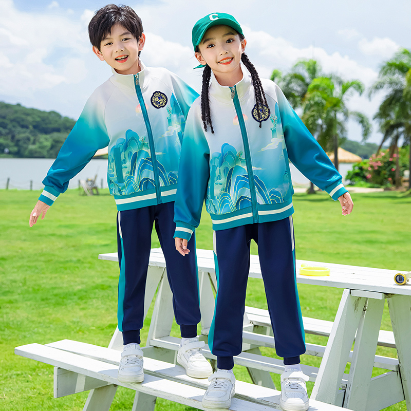 幼儿园园服春秋款国风绿色一二年级儿童校服套装小学生班服三件套