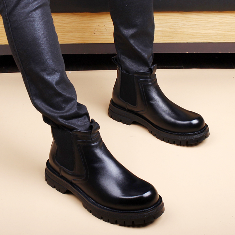 新款切尔西男靴时尚内增高短靴休闲马丁靴厚底一脚蹬高帮皮靴