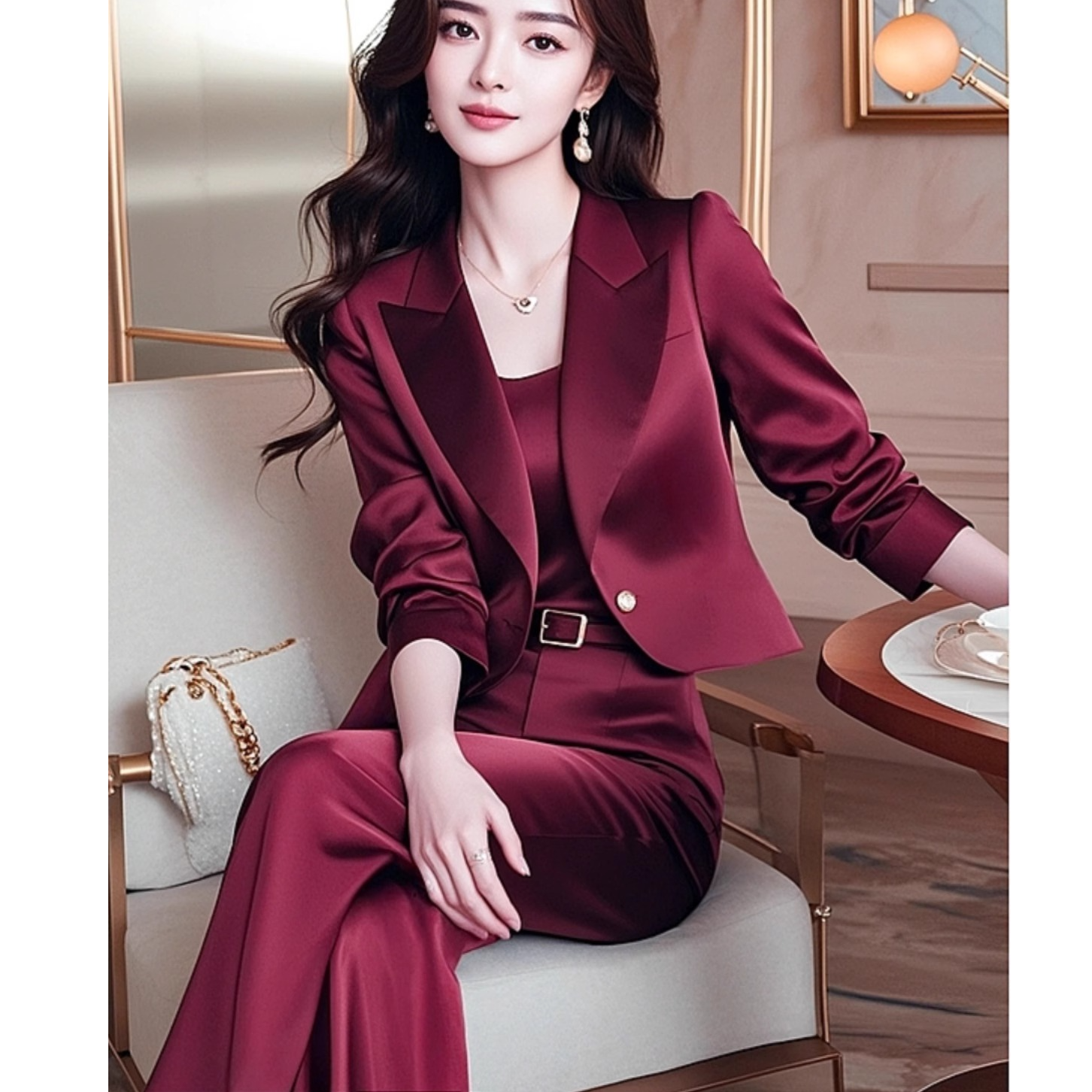  气质一整套穿搭高级感大方得体小香风酒红色西装裤子职业套装