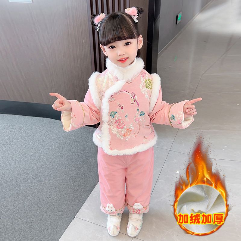 女童唐装加绒加厚套装汉服儿童中国风新年拜年服宝宝加绒周岁礼服