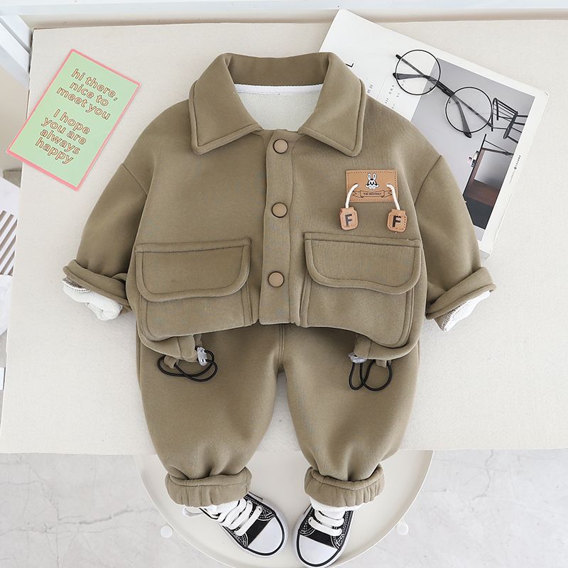 套装加绒秋冬款儿童洋气婴儿外出服深秋男童开衫一体绒两件套加厚