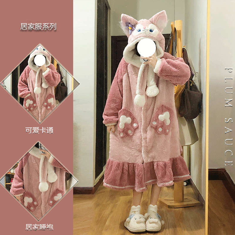 可爱玲娜贝儿睡衣女秋冬季法兰绒卡通加绒加厚珊瑚绒冬季睡袍睡裙