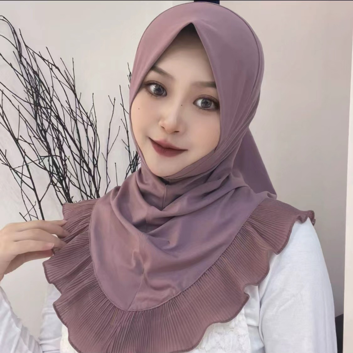 新款荷叶边软帽檐头套盖头女回头巾水晶麻纱巾瘦脸型方便网红套头