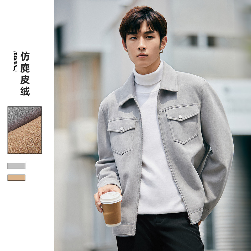 【商城】太平鸟男装-纯色翻领夹克仿麂皮绒舒适休闲外套BWBCC4403