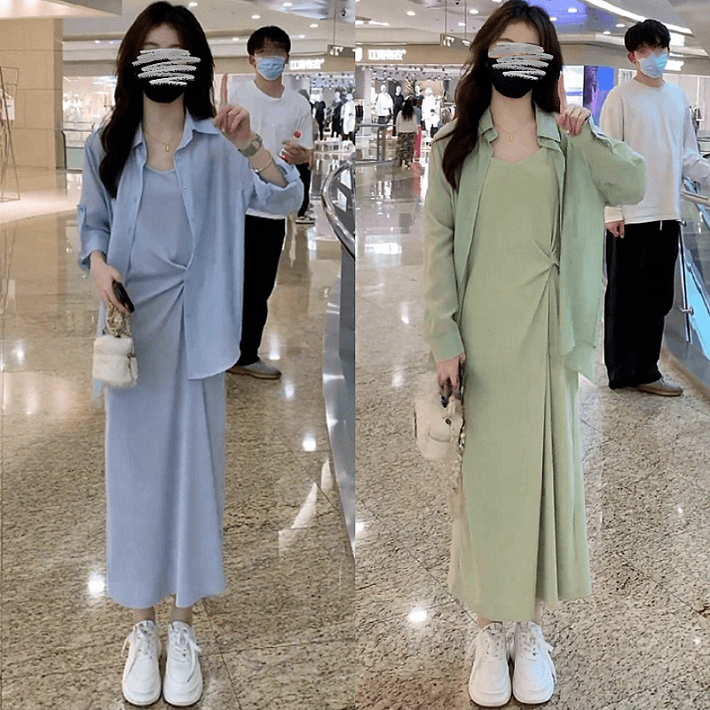 2024夏季韩版女装时尚休闲防晒衬衫+扭结背心裙两件套显瘦遮肉潮
