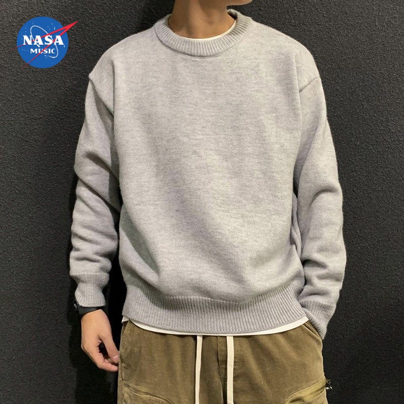 NASA联名秋季新款纯色套头毛衣男装韩版潮流宽松百搭毛线衣男装打
