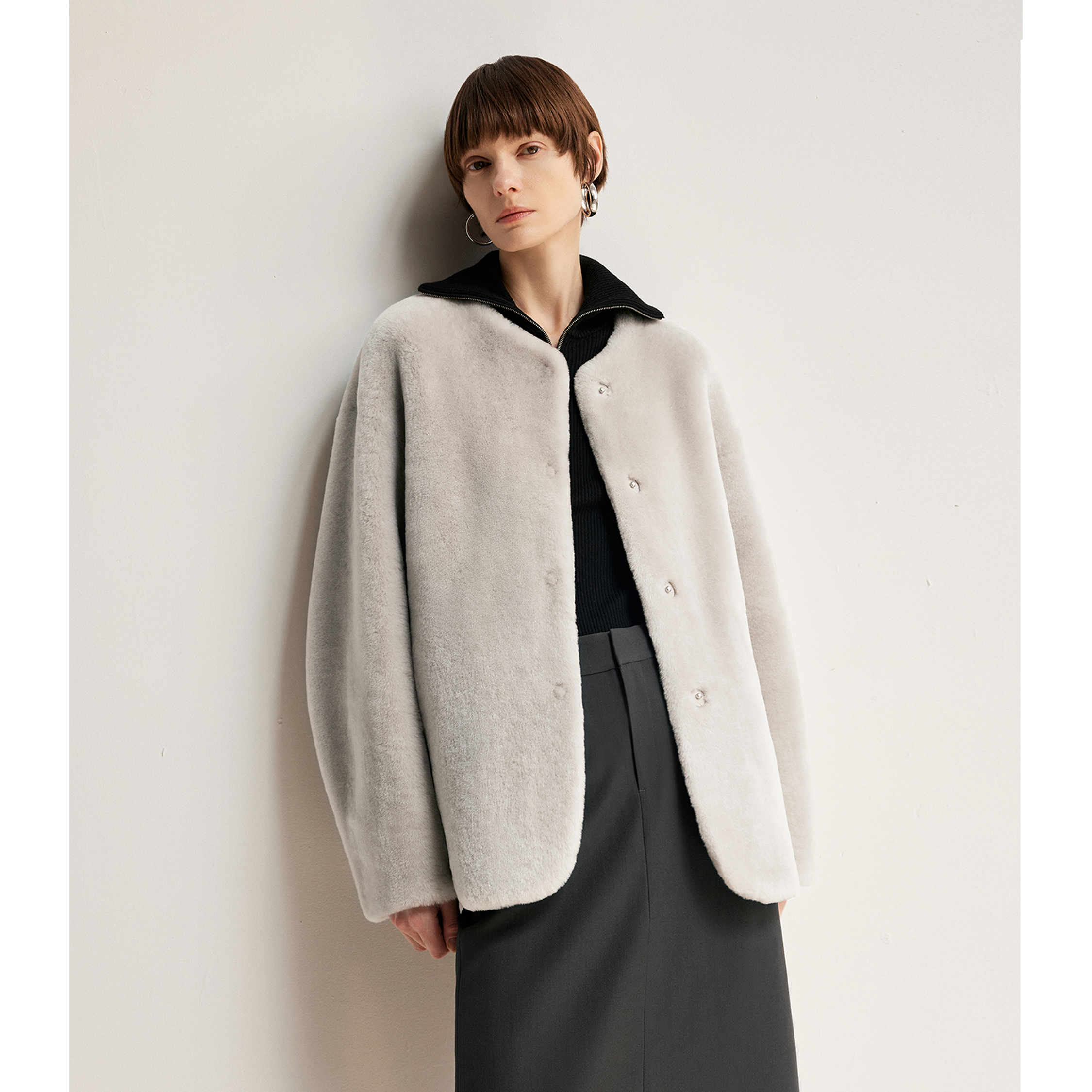 MSBEAST拂晓落霜 进口桃型领美利奴皮毛一体宽松羊羔毛皮草外套女