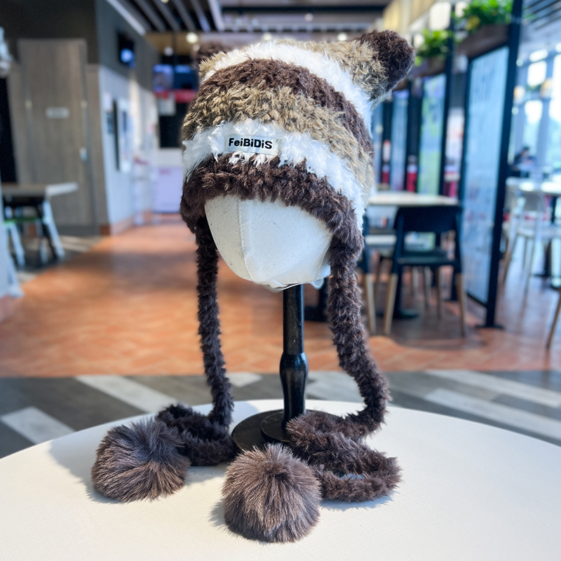 2023新款拼色条纹毛绒帽子女秋冬季针织帽护耳可爱百搭包头雷锋帽