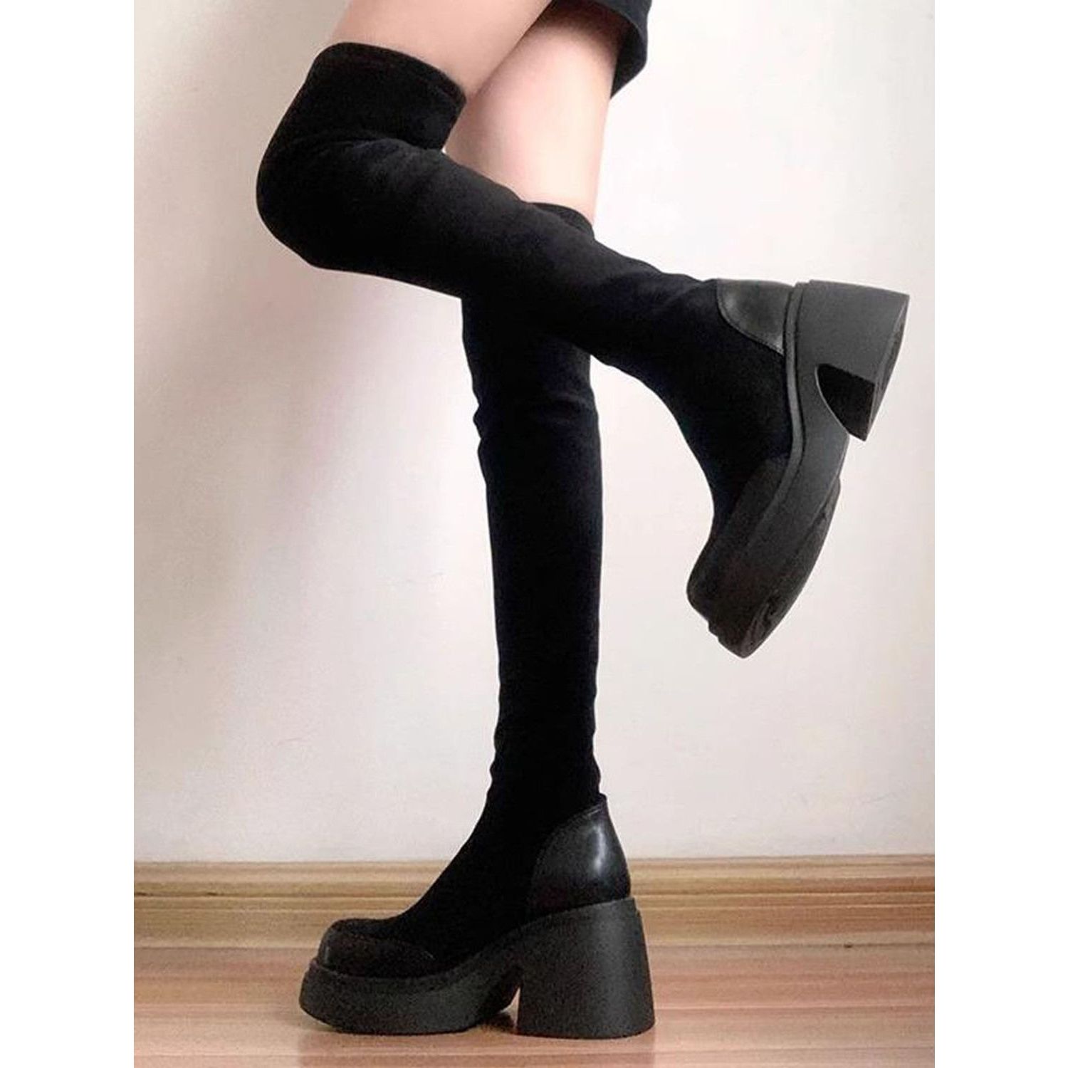 X厚底过膝长靴女高筒靴秋冬新款高跟圆头粗跟显瘦弹力瘦瘦靴ins潮