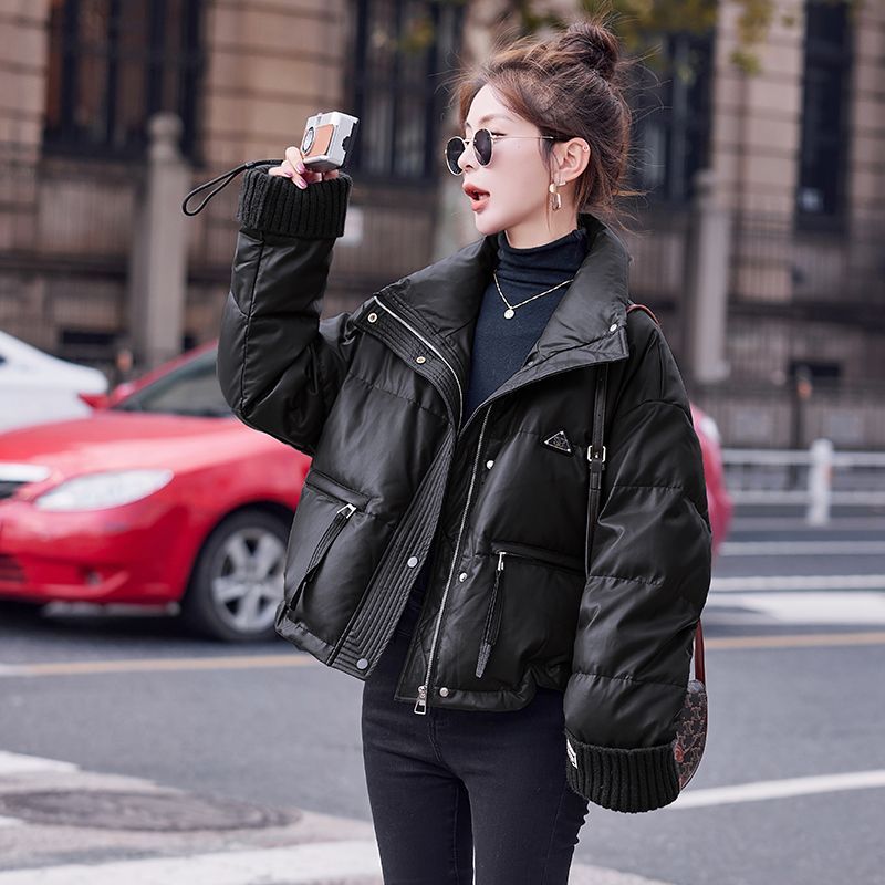 欧货PU皮羽绒服女小个子2023冬季保暖新款加厚白鸭绒面包短款外套