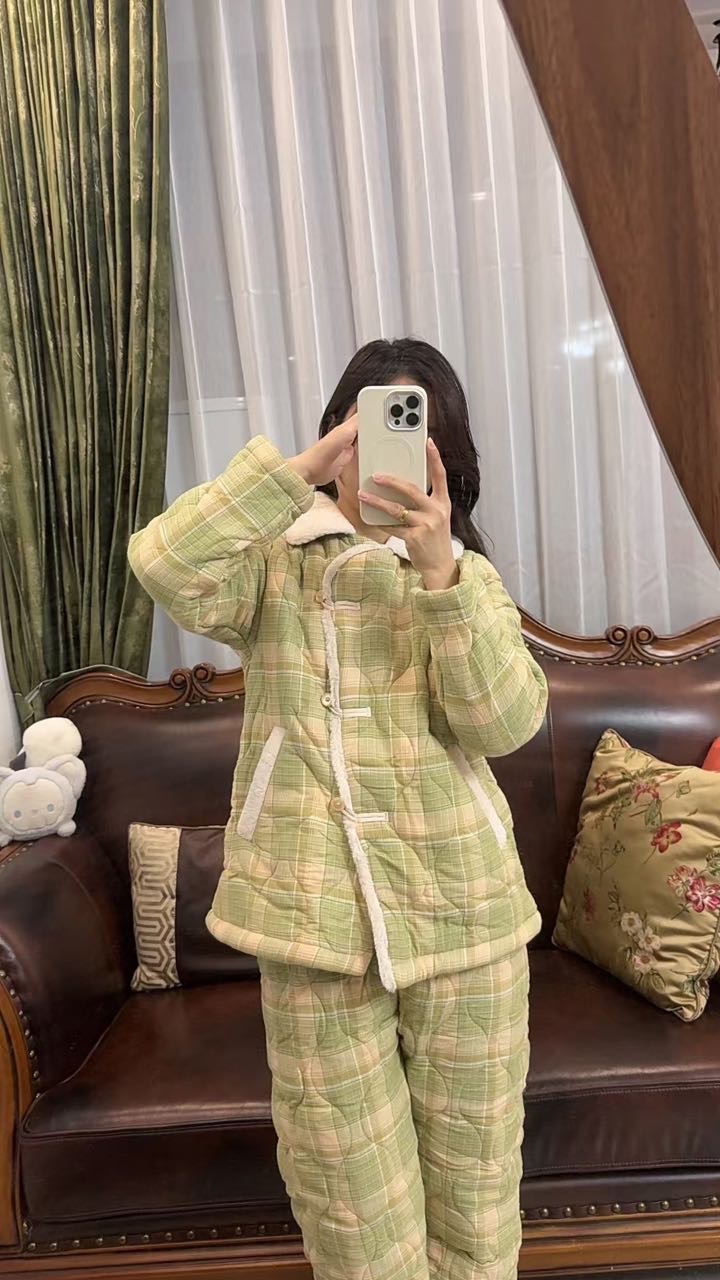 冬季女款梭织磨毛三层加厚夹棉睡衣