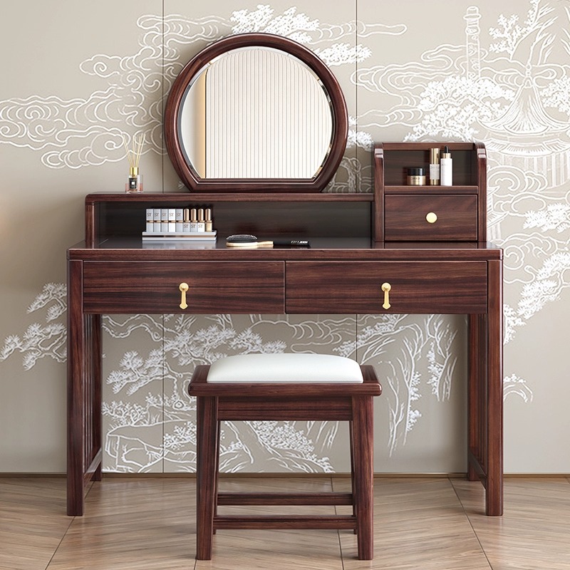 新中式乌金木全实木梳妆台小户型化妆桌带妆镜组合收纳简约化妆台