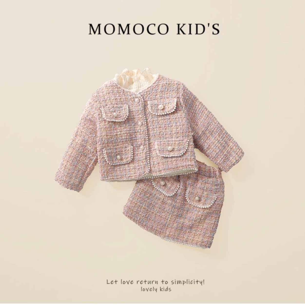 MOMOCO-2023新款冬季女童时尚百搭粉色小香风两件套装76830580201