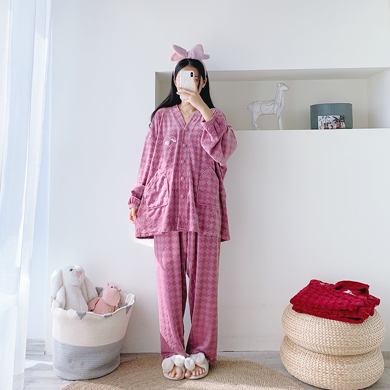 秋冬开衫海岛绒睡衣女大码胖MM200斤长袖长裤套装加绒家居服女款