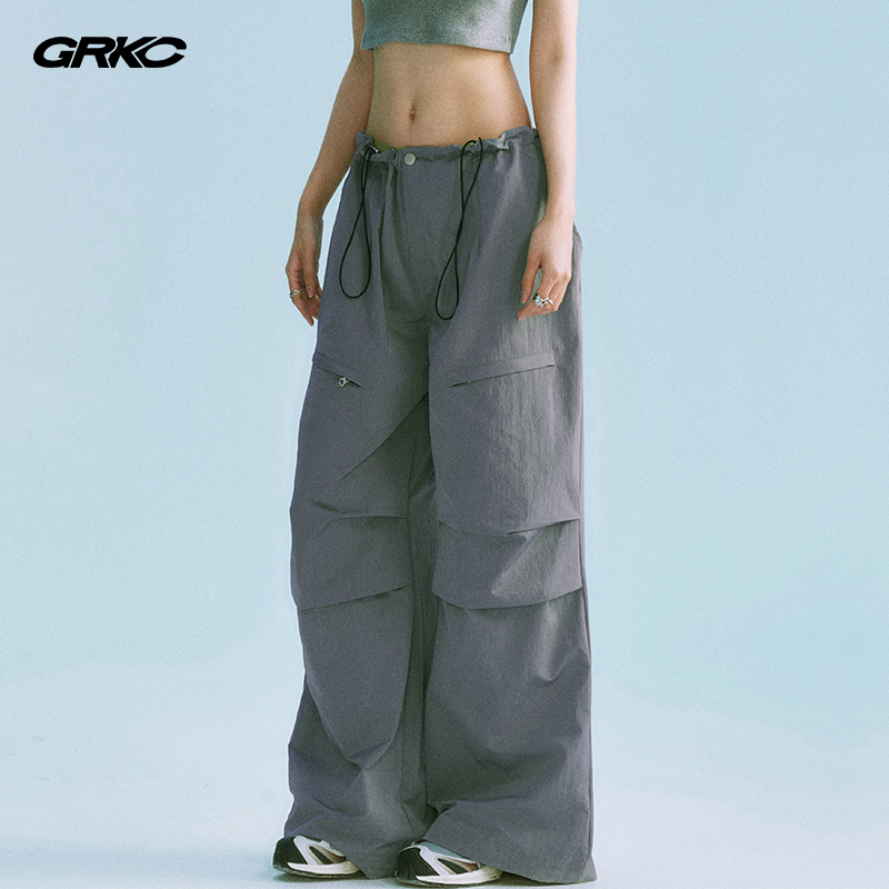 GRKC吉尔卡克 暗袋梭织机能裤国潮牌宽松褶皱抽绳休闲直筒长裤