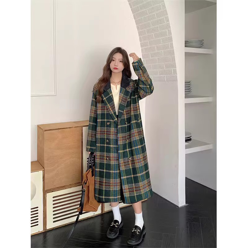 慵懒风设计感chic绿格子毛呢外套女秋季加厚复古vintage呢子大衣