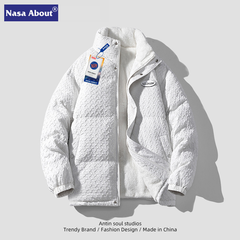 NASA联名千鸟格棉服男士冬季潮牌羊羔绒外套棉袄情侣宽松港风加厚