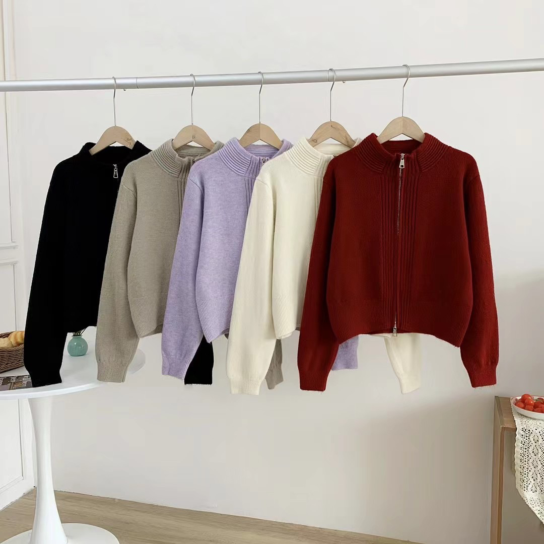 法式复古立领拉链针织开衫设计感短款休闲毛衣