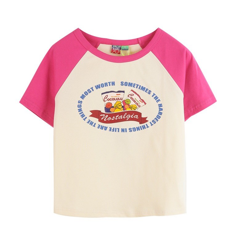 石家庄奥莱LABO复古美式辣妹甜美风短袖T恤女圆领RBDC-DT29