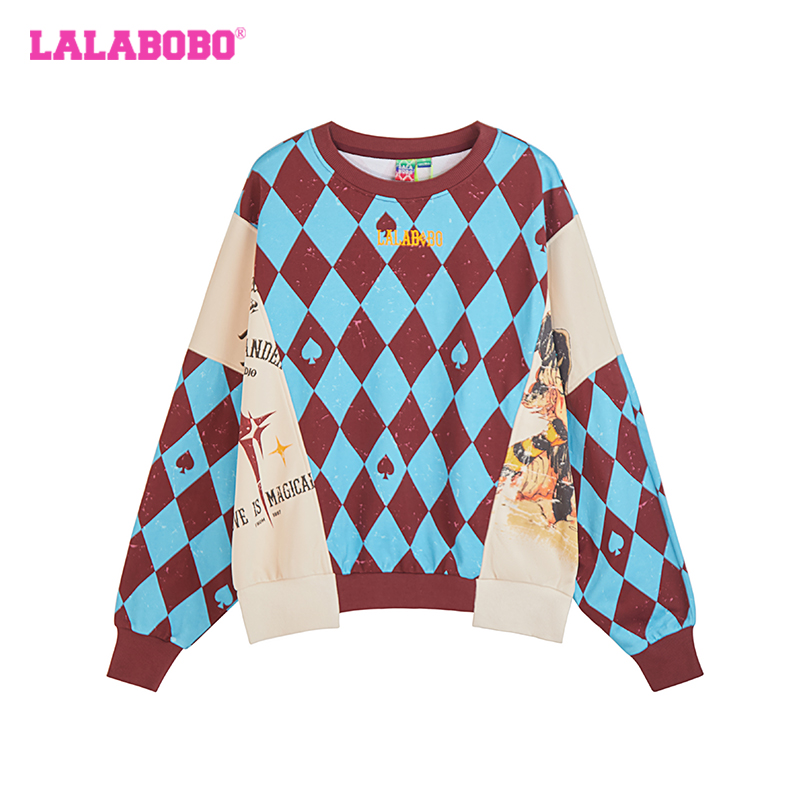 杭州LALABOBO小丑拼接套头时尚休闲复古宽松圆领卫衣LBDC-WSTS17