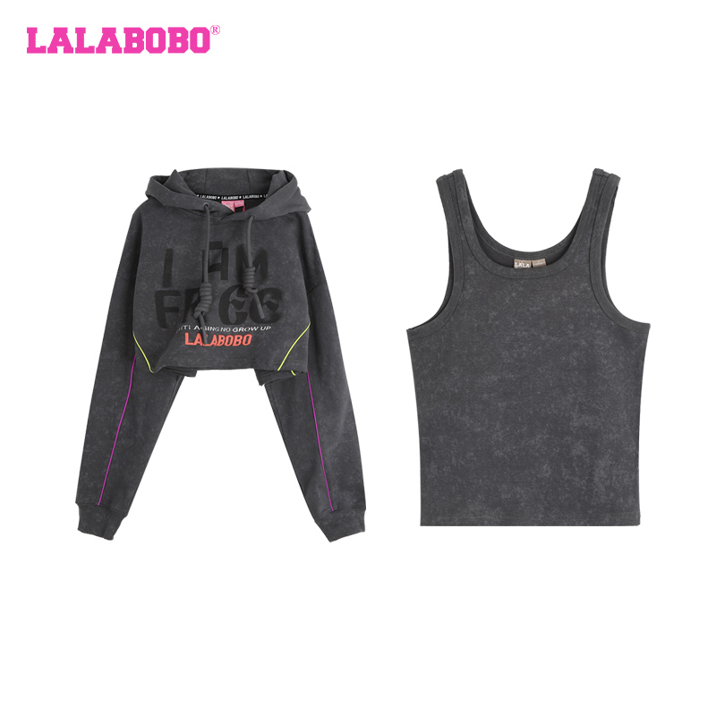 石家庄LALABOBO水洗刺绣连帽两件套短卫衣女LBCD-WSTS33