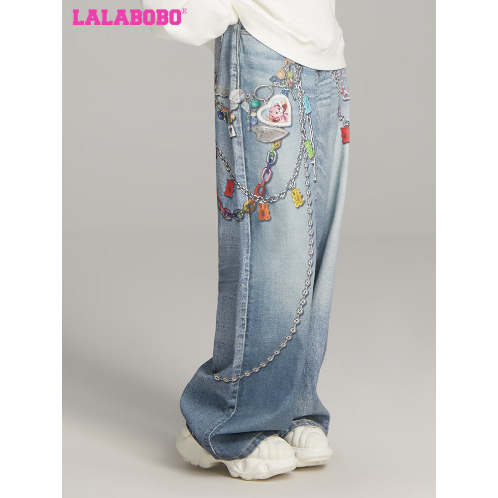 武汉LABO涂鸦纯棉牛仔裤女高腰显瘦阔腿裤宽松长裤潮LBDD-WXZC15
