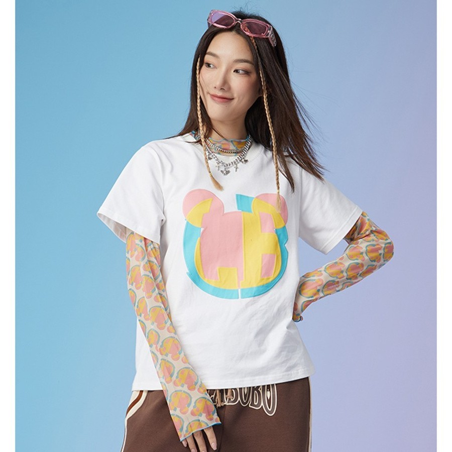 武汉(微瑕不退不换）彩色熊图案印花短袖圆领宽松T恤LBBC-WSDT11