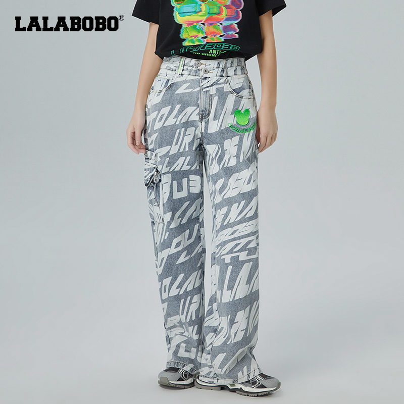 LALABOBO23春季复古老花高腰百搭遮肉显瘦宽松牛仔裤LBCA-WXZC21