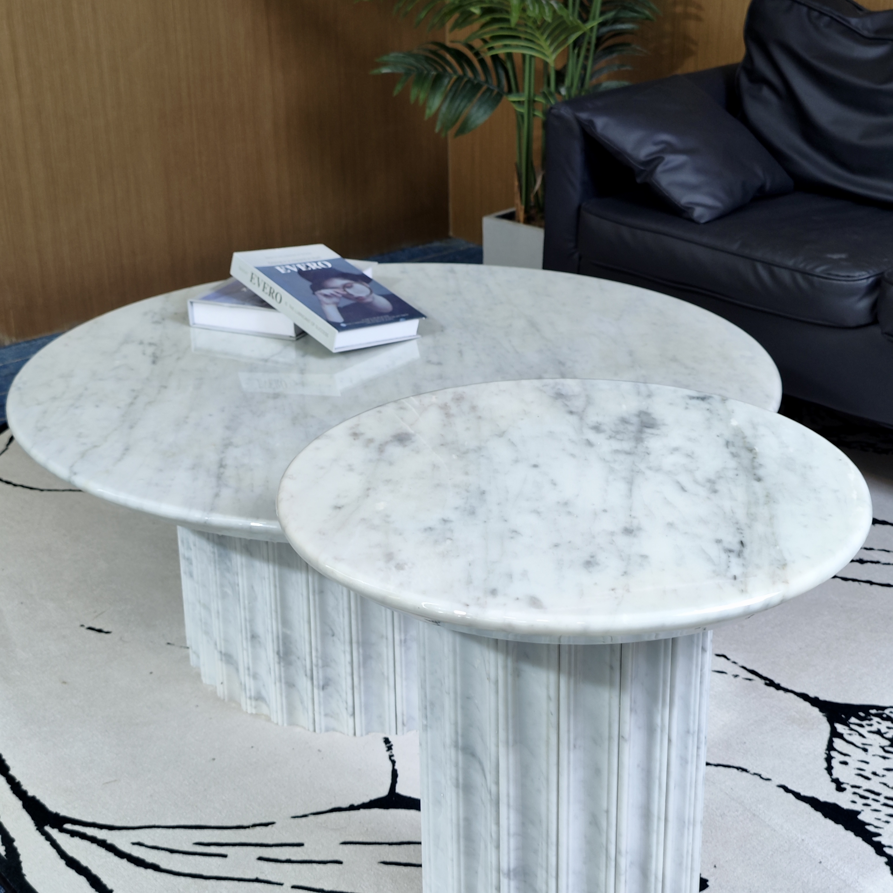 雪花白大理石茶几 天然大理石茶几组合 奶油风家用圆桌子两件套