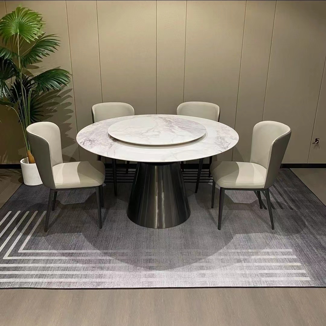 意式轻奢天然超晶石餐桌现代高端微晶石圆形餐桌大理石餐桌椅组合