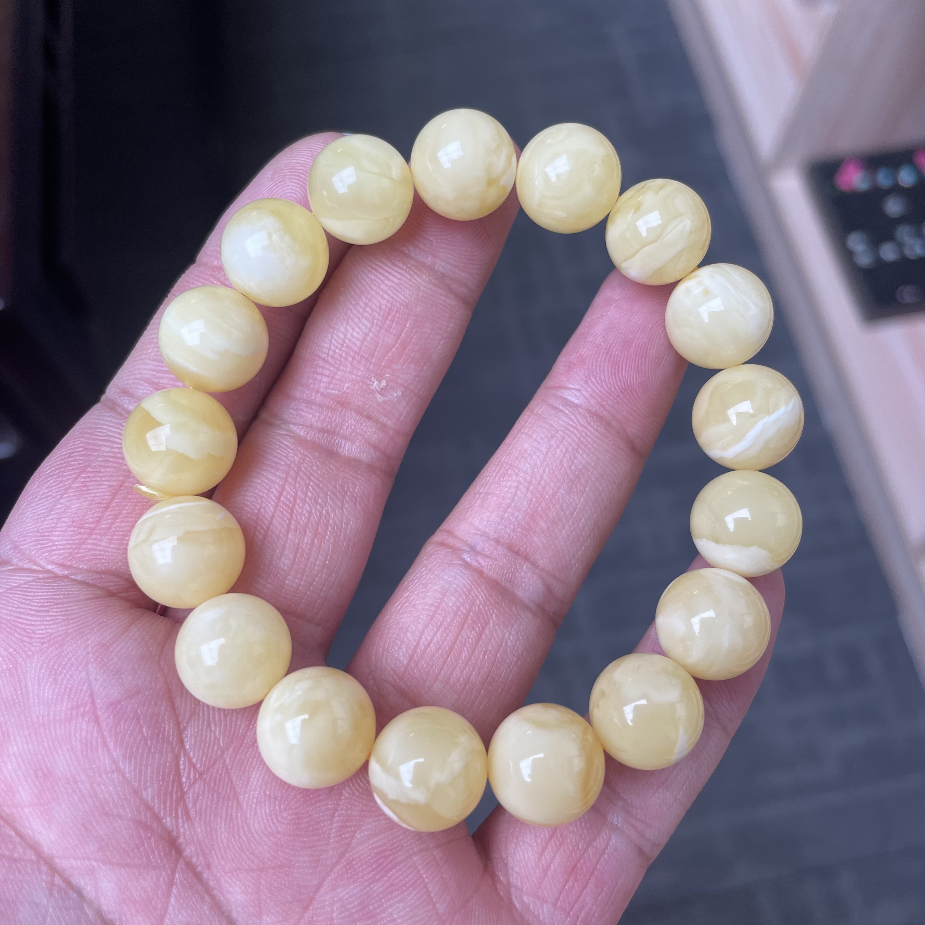 12mm+天然原矿俄料蜜蜡圆珠满花AAA单圈手串多样性发其中一件琥珀