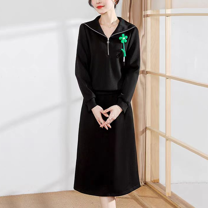 Q386气质针织休闲洋气海军领二件套裙女2024秋冬套装D1