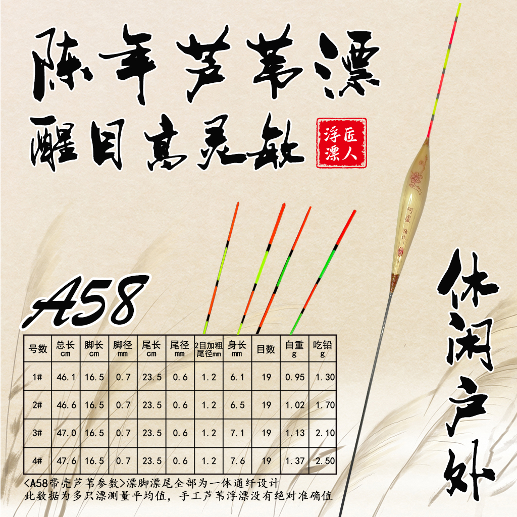 A58野钓黑坑综合鲫鲤底钓抗风浪抗走水轻口鲫鱼手工芦苇浮漂红绿