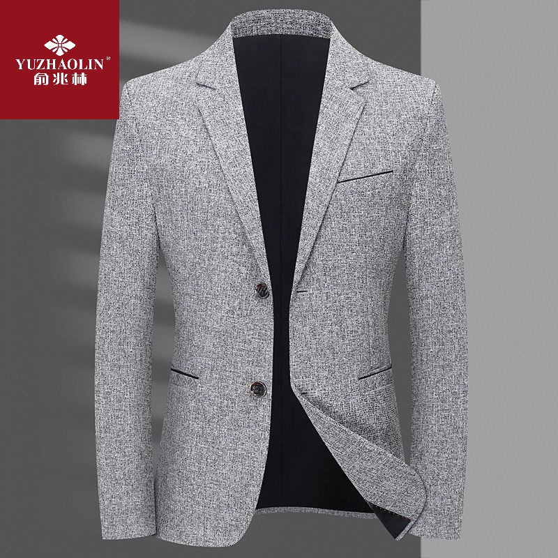 俞兆林男士新款平驳领西商务休闲春秋西服格子修身复古西装