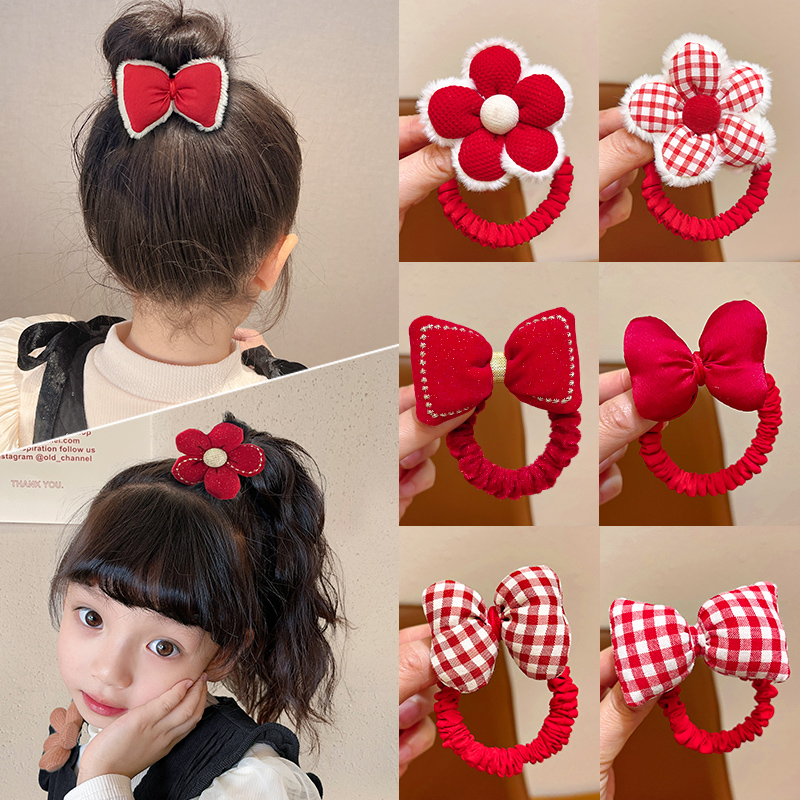 中国风新年发饰女童红色发圈吉祥拜年发绳儿童橡皮筋头绳过年头饰