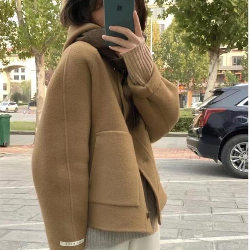 春秋冬新款双面潮牌高档大衣女短款连帽子宽松小个子韩版高品质呢