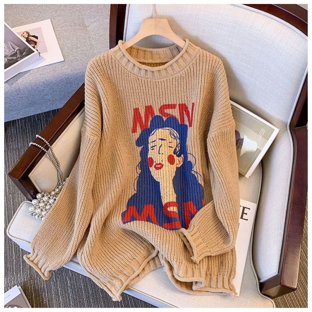 毛衣女2023新款秋冬复古慵懒风宽松圆领卡通针织套头上衣女打底衫