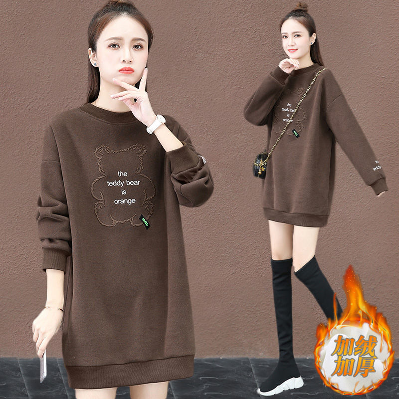 卫衣女中长款大码圆领2023秋冬新款韩版宽松慵懒风加绒无帽卫衣裙