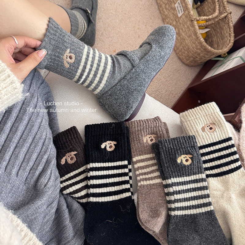 新款小狗条纹袜子女中筒袜冬季加厚保暖百搭堆堆袜D0236