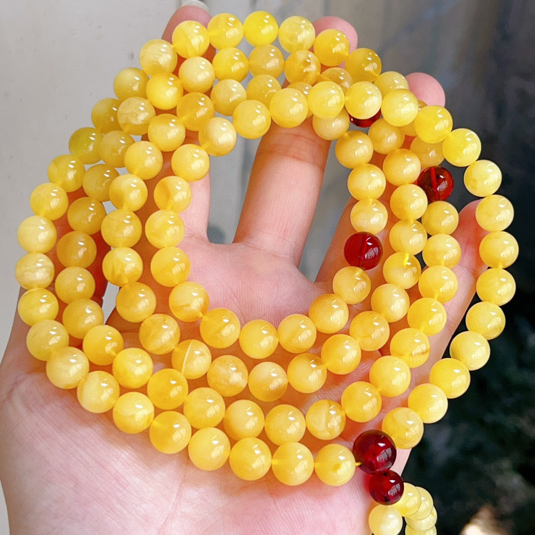 9➕天然蜜蜡鸡油黄108佛珠，手链或项链两用款