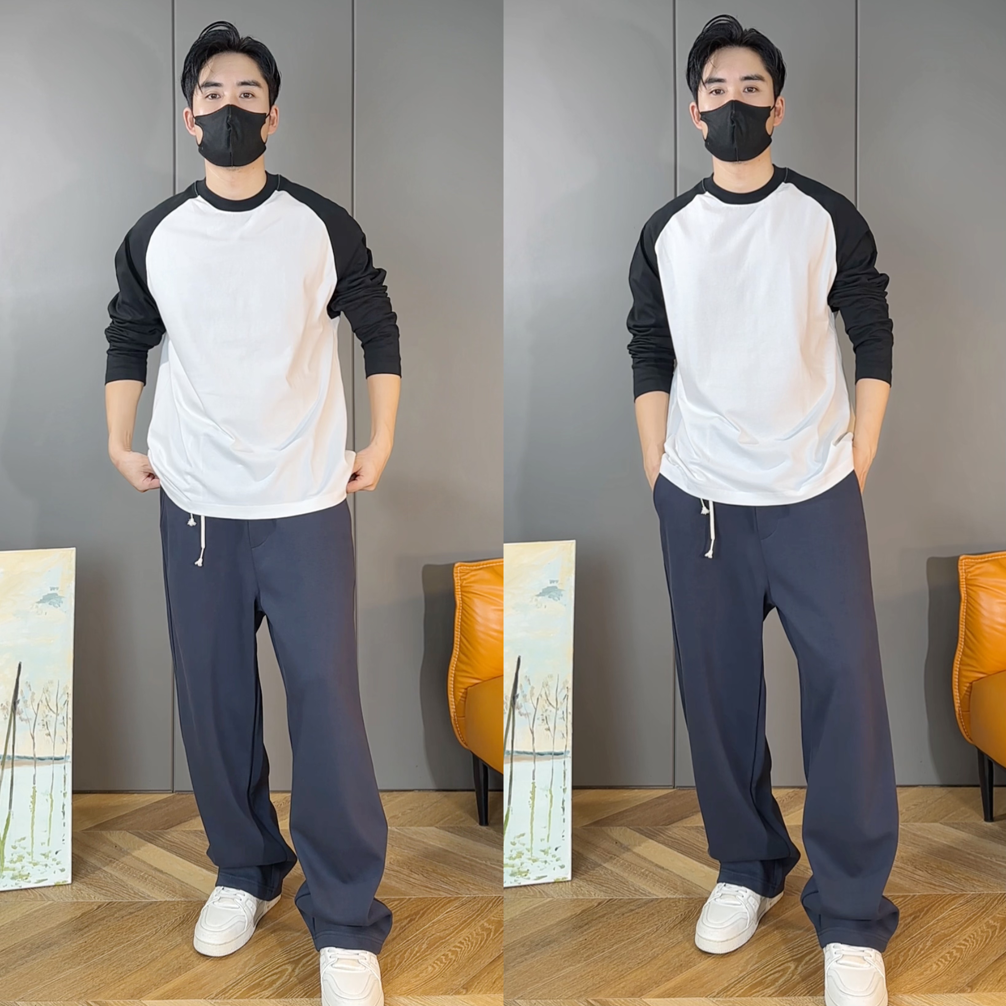 春季270G重磅插肩长袖t恤男宽松复古时尚ins潮牌打底衫男纯棉t恤