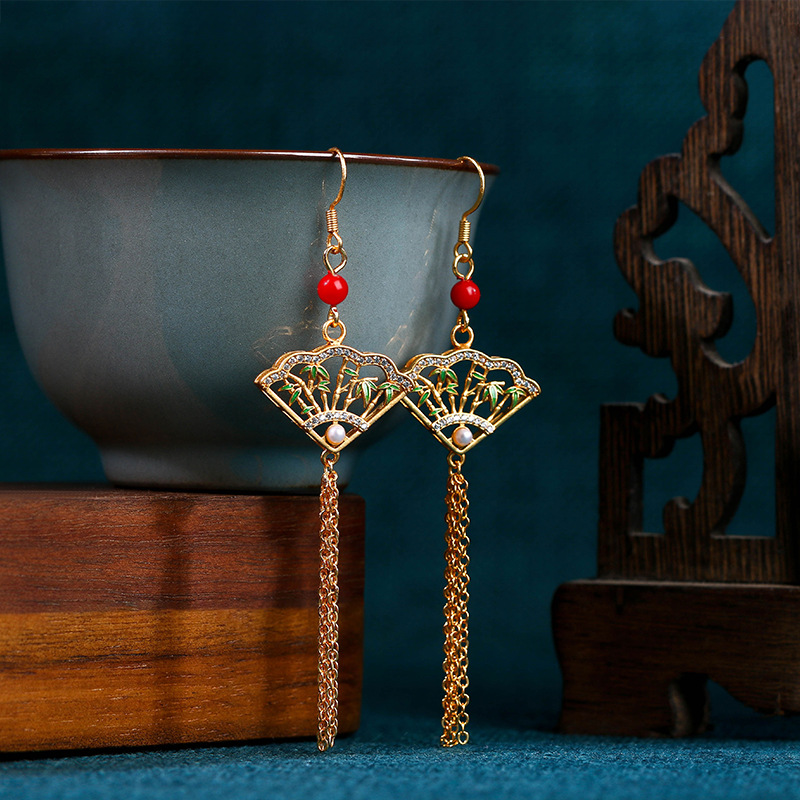 李汶霖 铜合金珐琅耳饰 竹报平安扇形国潮新中式长款流苏旗袍耳环