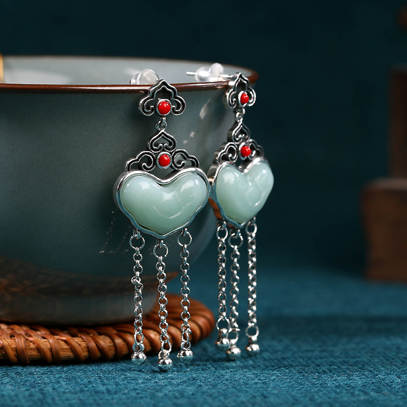 李汶霖 铜合金仿水晶耳饰 古典中国风925潮如意平安锁复古耳饰