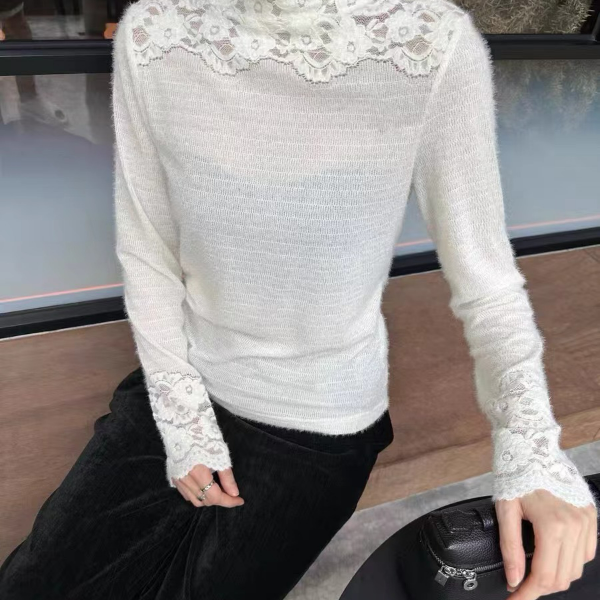 【娜娜家】水貂绒韩系镂空时尚百搭半高领打底衫