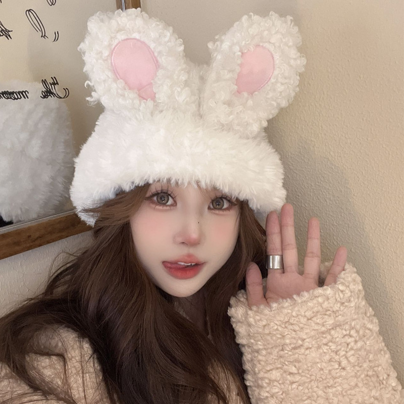 可爱兔耳朵毛绒帽女士冬季新款甜美百搭显脸小保暖护耳针织毛线帽