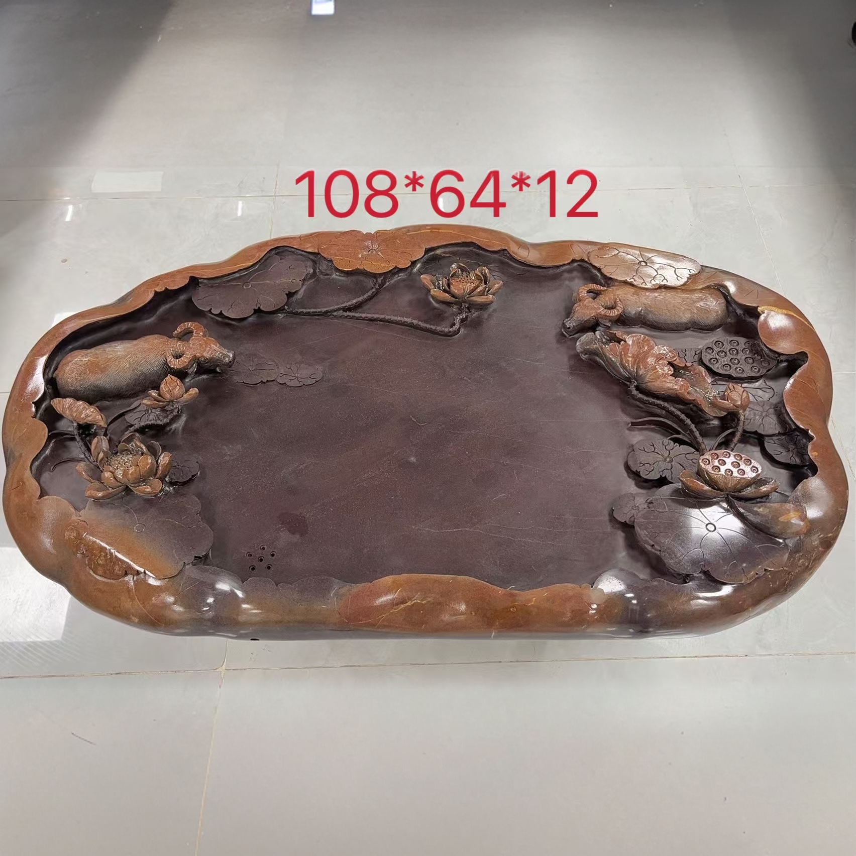 肇庆端砚石茶盘家用宋坑茶台茶几手工雕刻荷叶牛排水式荷塘月色