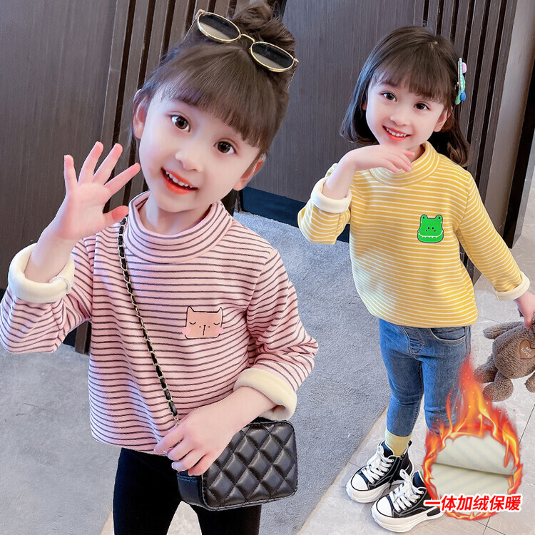 德绒加绒加厚女童T恤衫秋冬幼童条纹一体绒上衣韩版小高领打底衫